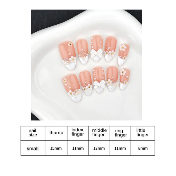 FOOTNICE Handmade Salon-Grade Press-On Nails Set, 3D Floral French Tip Almond Shape, Reusable Complete Manicure Kit with Storage Box & Nail Tools