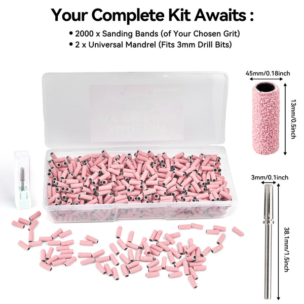 2000 PCS Sanding Bands Bulk - Coarse/Medium/Fine 3 Grits 3mm Nail Drill Bits | Includes 1 Mandrel | Salon Manicure Tools | USA Stock